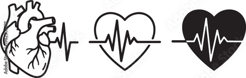 Anatomical heart and electrocardiogram heartbeat line in black and white also transparent background