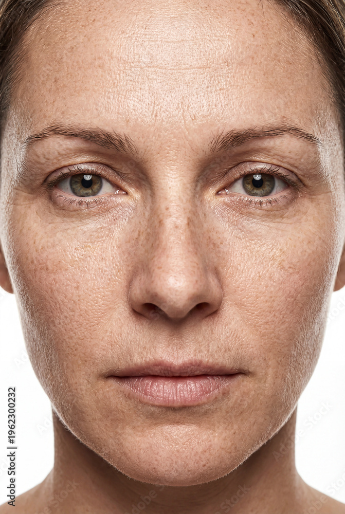 Fototapeta premium High-resolution close-up portrait of mature woman with natural skin texture, freckles and wrinkles. White background.