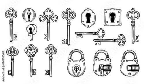Black and white antique keys and locks vector set for vintage design