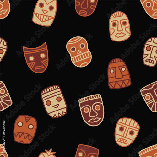 Earthly Tribal mask head  doodle seamless pattern.  Vector pattern design.