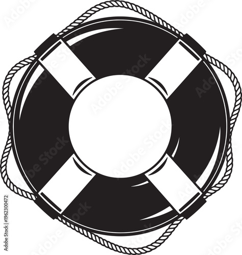 Black and white of a life preserver ring with rope detail also transparent background lifebuoy safety ring