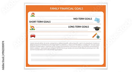 A vector graphic illustration of a family financial goals template with short-term, mid-term, and long-term goals sections
