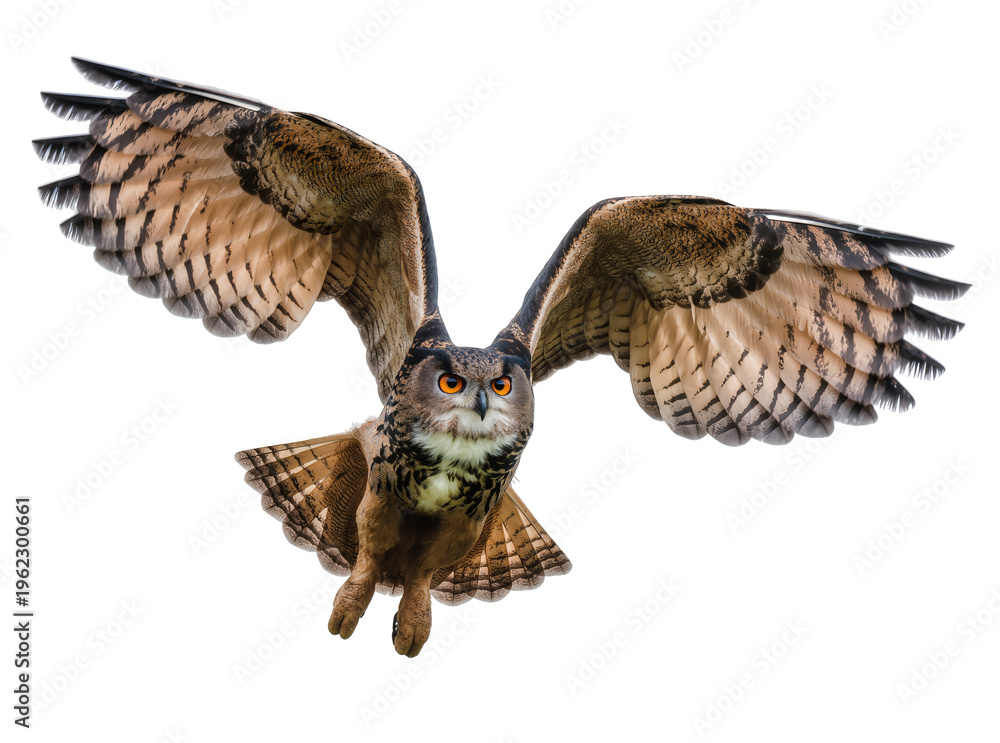 Fototapeta premium Isolated striking Eurasian eagle-owl in full flight, wings outstretched, powerful orange eyes.