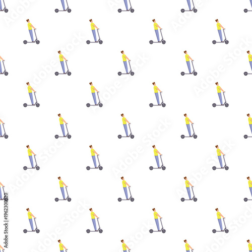 Man riding a kick scooter on a repeating seamless pattern