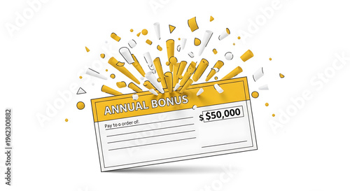 A vector graphic illustration of an annual bonus check with a large sum of money and confetti explosion, symbolizing a successful business reward.