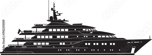 Black silhouette of a large luxury motor yacht with multiple decks and windows also transparent background