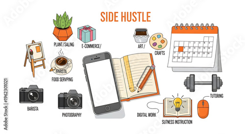 A colorful vector graphic illustration depicting various side hustle concepts and ideas for entrepreneurship and freelance work.