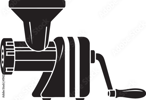 Black silhouette of a manual meat grinder with a crank handle and hopper also transparent background
