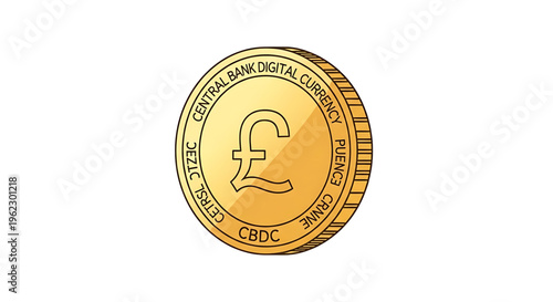 A gold vector graphic illustration of a Central Bank Digital Currency coin with a pound symbol on a white background