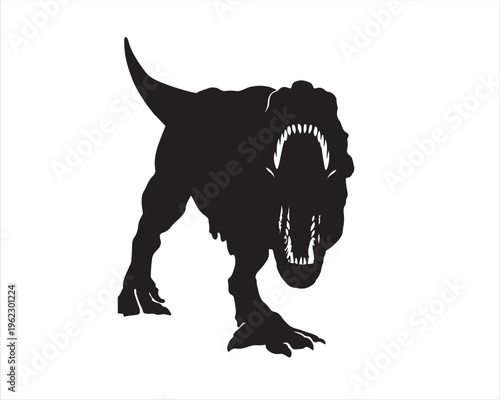 A black silhouette of a tyrannosaurus rex with its mouth open.