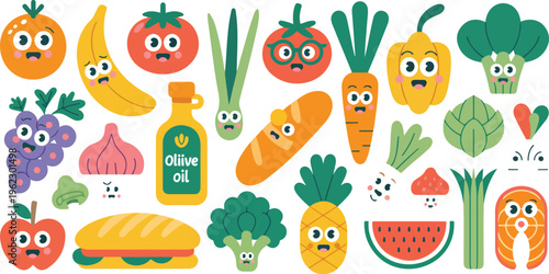 Big collection of cartoon food characters with cute smiling faces, colorful kawaii style mascots for kids, menu, and playful design