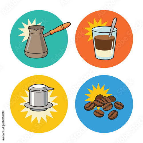 Coffee preparation and ingredients icons.