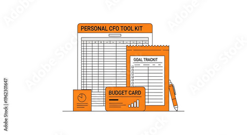 A vector graphic illustration of a personal CFO tool kit, including a budget card, goal trackit, and financial planning documents.