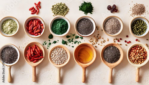 Flat lay of top 10 superfoods including chia seeds, spirulina powder, chlorella powder, goji berries, acai berries, maca root powder, coconut water, honey, quinoa seeds, and wheatgrass sprouts