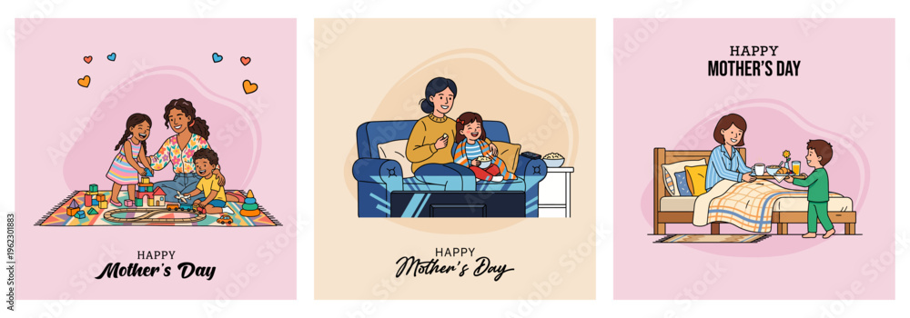 Fototapeta premium Set of Mother’s Day greeting card, poster, cover, vector illustration with mother playing with children, watching TV together, and serving breakfast in bed with warm family bonding moments