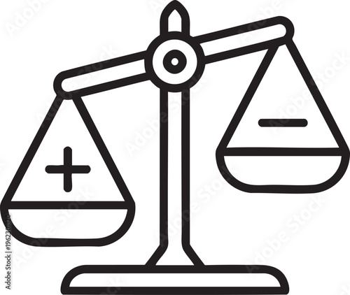 A black and white icon of a balance scale featuring a plus sign on one side and a minus sign on the other representing comparison