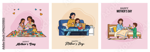 Set of Mother’s Day greeting card, poster, cover, vector illustration with mother playing with children, watching TV together, and serving breakfast in bed with warm family bonding moments