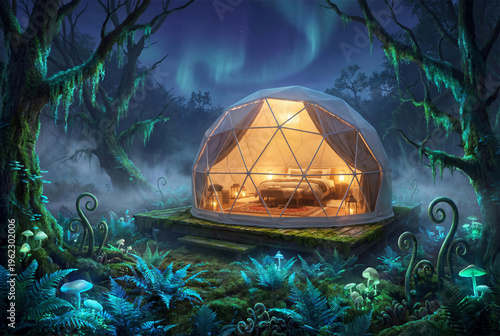Luxury glamping dome tent with warm interior light nestled in mystic outland forest under aurora borealis with glowing mushrooms and ferns
