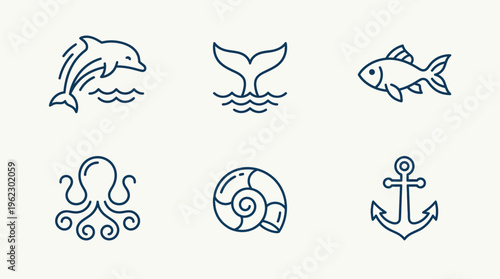 Collection of marine animals and nautical symbols vector illustration