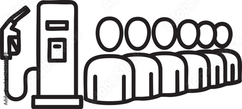 A black and white line art representing a long queue of people waiting in line at a gas station pump for fuel service