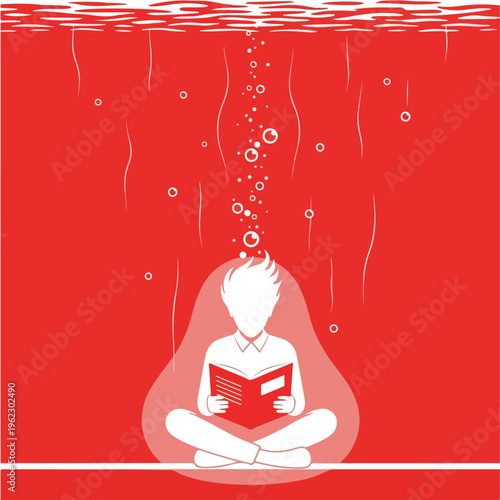Person Reading Book Underwater Representing Deep Focus, Immersive Learning and Intellectual Escape – Vector Illustration