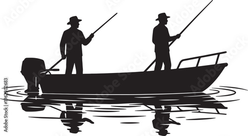 Two men in hats fishing from a boat with an outboard motor on rippling water with reflections also transparent background