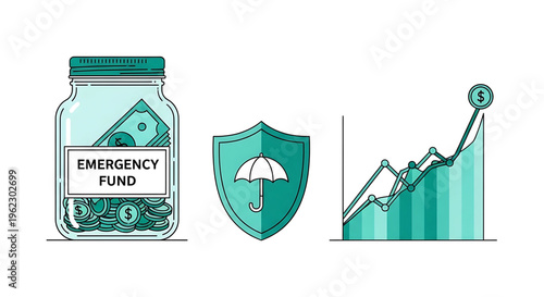 A vector graphic illustration of financial security concepts including an emergency fund, protection shield, and growing investment graph.
