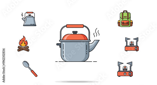Colorful kettle with orange lid handle.