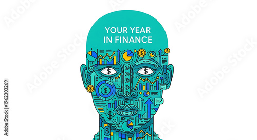 A vibrant vector illustration of a human head with a circuit board design and financial symbols, representing a person's year in finance.