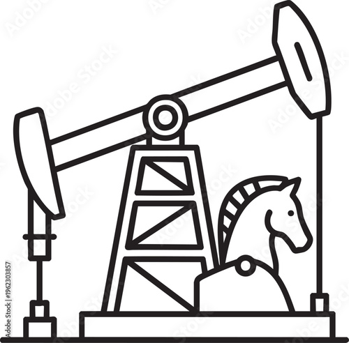 A black and white line art featuring an industrial oil pump jack icon that cleverly incorporates the silhouette of a horse head shape