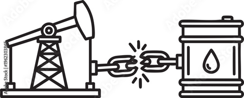 A black and white line art depicting an oil pump jack connected by a broken metal chain to a barrel of crude oil representing energy