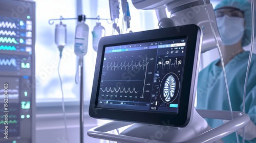 Medical Equipment in Hospital Setting with Heart Monitor Displaying Data