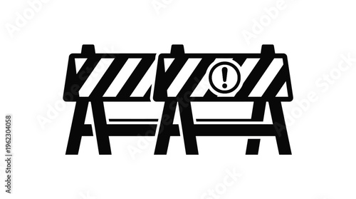 Two barricades with warning signs create a blocked pathway silhouette