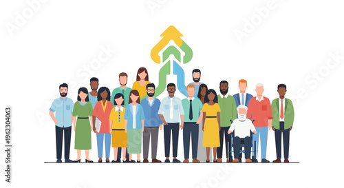 Diverse Community Group with Uplifting Growth and Housing Symbol