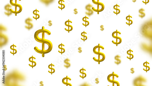 Golden dollar signs drift across a white background, creating a shiny money rain with a luxurious, cinematic mood. Vector illustration