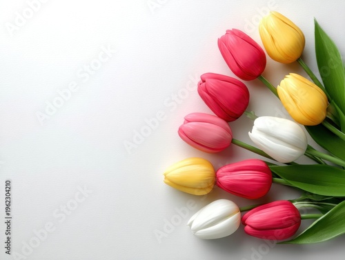 Colorful Tulips in Various Shades Arranged Delightfully on a Light Background for Spring and Floral Themes