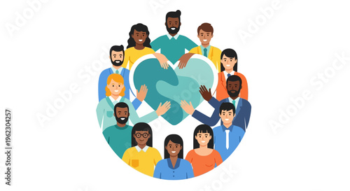 Diverse Global Community Embracing a Heart Symbolizing Unity, Collaboration, Support & Inclusion