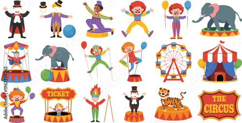 Set of colorful circus characters and amusement park elements, fun carnival icons and attractions in playful flat vector illustration collection