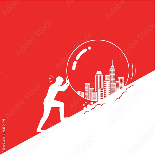 Person Pushing Large Sphere with City Inside Representing Startup Struggle, Vision Building and Entrepreneurial Pressure – Vector Illustration