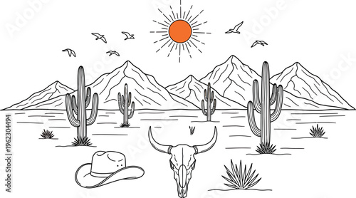 Serene desert landscape under a radiant sun with iconic western elements