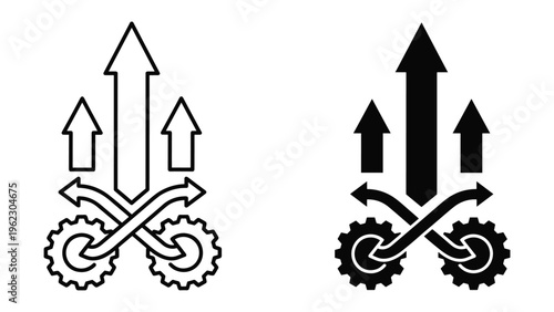 Three black arrows rising from two gray interlocking gears outline and solid