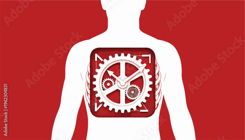 Human Body with Clock Mechanism Inside Chest Representing Biological Time, Aging and Health Monitoring – Vector Illustration