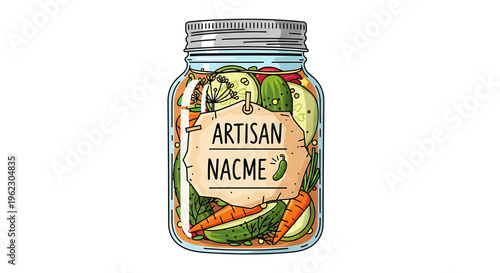 A colorful vector illustration of a mason jar filled with pickled vegetables and labeled as artisan food