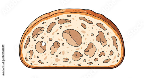 A colorful vector illustration of a slice of bread with a crust and holes on a white background