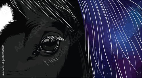 A black and white background of a horse silhouette merges with a fashion illustration of a beautiful woman's face and hair in a glamour vector sketch design