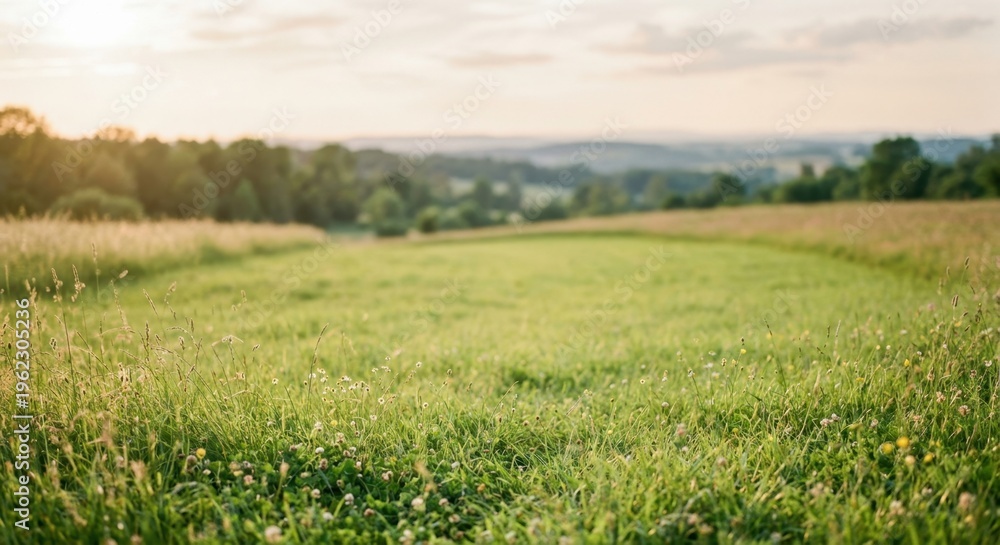 Fototapeta premium Sunny green meadow landscape with soft grass and wildflowers under warm natural light. Blurred countryside background with rolling hills and gentle sunset sky creates a peaceful rural atmosphere. 