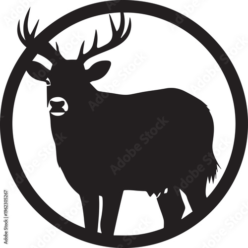 Black silhouette of a stag with antlers in a circle isolated on transparent background