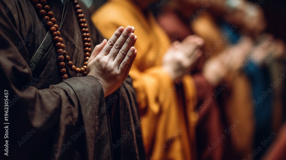 Obraz premium Buddhist Chinese monk holding prayer beads in meditation. Calm spiritual moment symbolizing mindfulness, devotion, and inner peace.