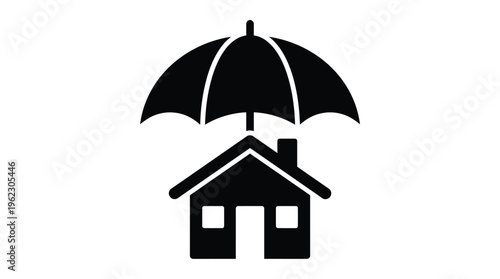 A black silhouette of a house protected by an open umbrella