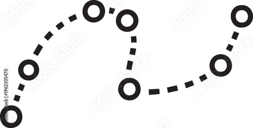 A black and white minimalist featuring a series of circular nodes connected by a dotted path representing a journey or process flow